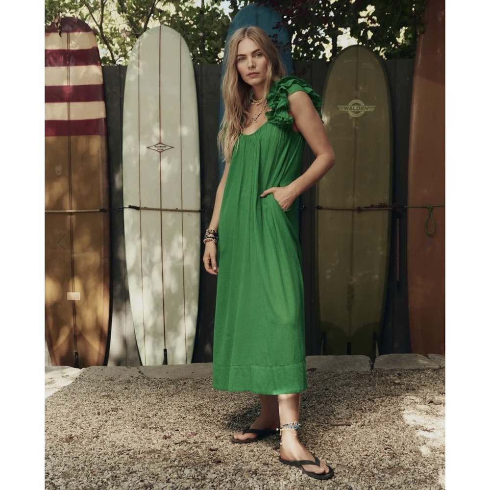 The Great Maxi Dress Cover Up Women's Medium Green Ruffles Pockets Cotton Resort